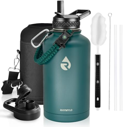 RAYMYLO Insulated Water Bottle 64 oz, Triple Wall Vacuum Stainless Steel (Cold for 48 Hrs), Leak Proof & Non-BPA, Half Gallon Water Flask Jug with Paracord Handle & Straw Spout Lids, Dark Green