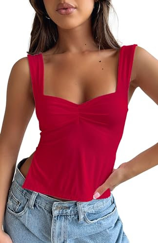 FOFAINWE Damen Ärmellos Rückenfrei Crop Tank Top Sexy Plissee Bustier Sweetheart Neck Strappy Y2K Schlitze Cropped Tops (Rot,M)