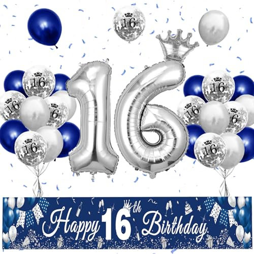XIEXIESHER 16 Geburtstag Deko, Blau Silber Luftballons 16 Geburtstag Dekoration Set, Partydeko mit Kronenballon und Banner 16 geburtstag Jungen, für Jungen MädchenParty Deko 16.Geburtstag