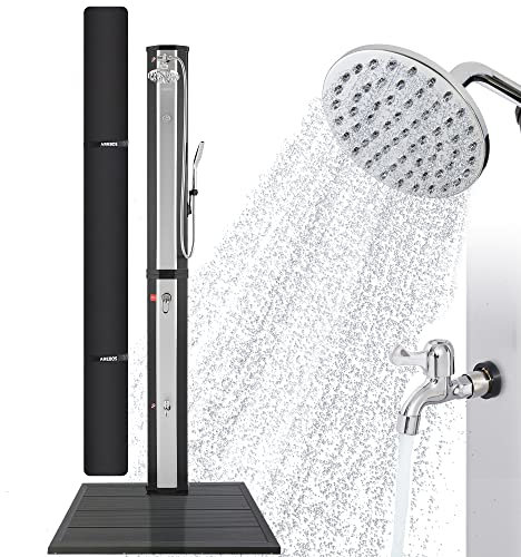 Ducha Solar Arebos 60 L | con Teleducha y Termómetro | Temperatura del Agua hasta 60°C Ducha de Piscina | Rociador Redondo | Tecnología Snap-In | Incl. Tapa y Plato Inferior en Antracita I Negro-Plata