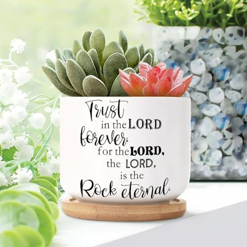 Trust in The LORD Forever for The LORD The LORD Is The Rock Eternal Ceramic Planters Bible Verse Snake Plant Live Indoor with Pot With Drainage Holes And Saucers Pot For Succulents Cactus Garden
