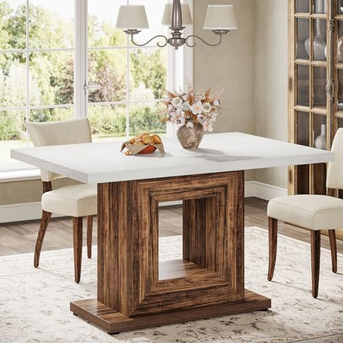 Tribesigns Quadratischer Esstisch für 4 Personen, Bauernhaus-Esstische mit robustem Sockel, rustikaler Esstisch aus Holz, geeignet für kleine Esszimmer, Weißbraun, 120 × 80 × 76 cm