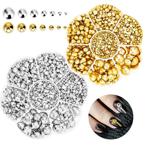 Giantree Half Round Pearls - Mixed Size Half Pearls Beads, Nail Gems Rhinestone for Manicure Face Art DIY Crafts Jewelry (Gold Silver)