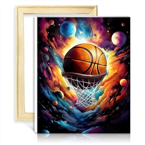 TANGFEIY Malen nach Zahlen, Basketball, umgeben von Planeten, Malen nach Zahlen, Malen nach Zahlen für Erwachsene, Malen-nach-Zahlen-Set, Kunstbild für die Heimdekoration, ohne Rahmen (30 x 40 cm)