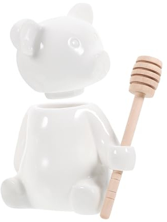 Ciieeo 3sets Honey Jar Bottle Ceramic Dipper Bear Shape Honey Pot Storage Jar Canister Jam Syrup Easy to Use Clean