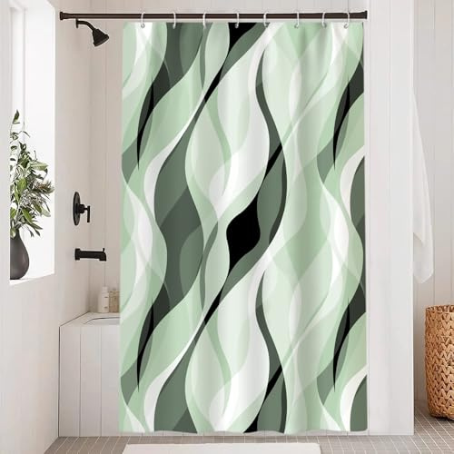 Uiiooazy Rideau de Douche Vert Sauge Anti Moisissure 120x180cm Rayures Vert | Rideau de Baignoire Dégradé Rayé Géométrique Tissu Lavable Imperméable Polyester avec 8 Crochets pour Salle de Bain