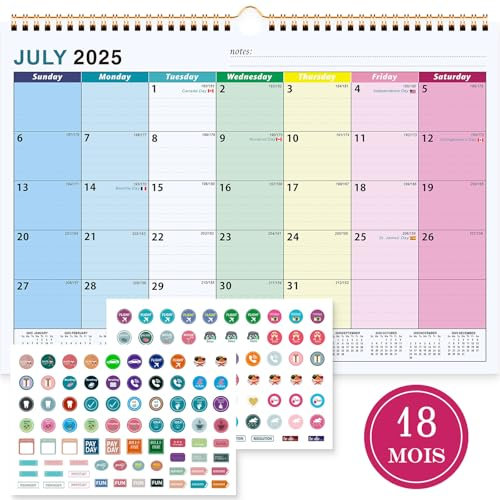 Benjia Wandkalender Kalender 2025 2026 Schuljahr A4, Bunt Tischkalender Monatskalender Juli 2025 bis Dezember 2026 18 Monate, Desk Wall Calendar Jahreskalender mit Ferienübersicht Planer Aufklebern