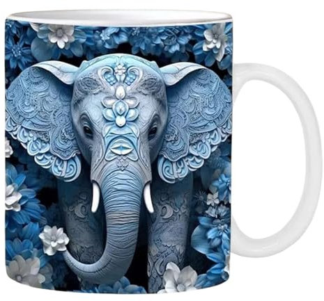 Tasse à thé éléphant – 350 ml Grande tasse à café en céramique avec poignée | Tasse à imprimé éléphant 3D pour thé, café, soupe, jus, eau, whisky, bière et vin – Cadeau fantaisie éléphant pour la