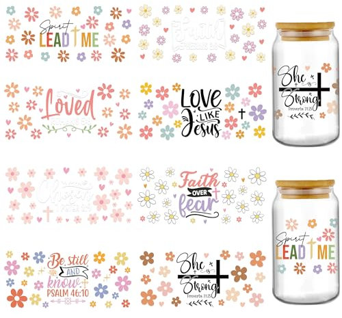INCOK Rub-on-Transfers zum Basteln – 8 Blatt Bibelvers Blume UV DTF Cup Wrap für 473 ml Wasserkelch, christliche Motivationssprüche, Tumbler, Transferaufkleber, Kirche dekorative Aufkleber
