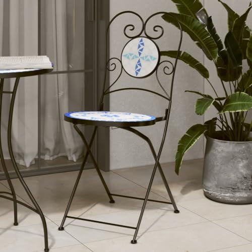 XINCXIN Bistrostühle 2 STK., Korbsessel Stuhl Stühle Gartenstühle Geeignet für Terrace Outdoor Pool Balcony Klappbar Blau und Weiß Keramik