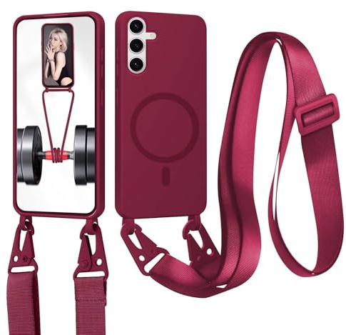 xinyunew Cordon de Coque Compatible avec Samsung Galaxy S23 FE Compatible avec MagSafe Coque,Collier Étui Silicone Liquide avec Tour de Cou Lanière en Corde Souple TPU Antichoc Housse-Rouge