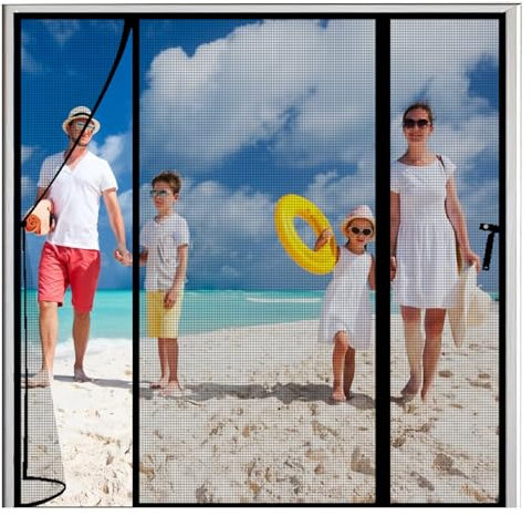 Porte Moustiquaire 3 en 1 150x240cm(WxH) Noir Moustiquaire Porte Battante/Coulissante | Système Auto-Adhésif (Filet Transparent Étanche)