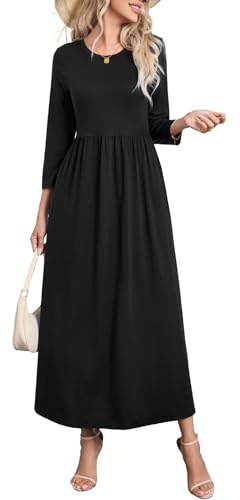 Enmain Black Dress for Women Casual Long Sleeve Ladies Black Maxi Dresses with Pockets Winter Elegant Classic Round Neck Tunic Wedding, L
