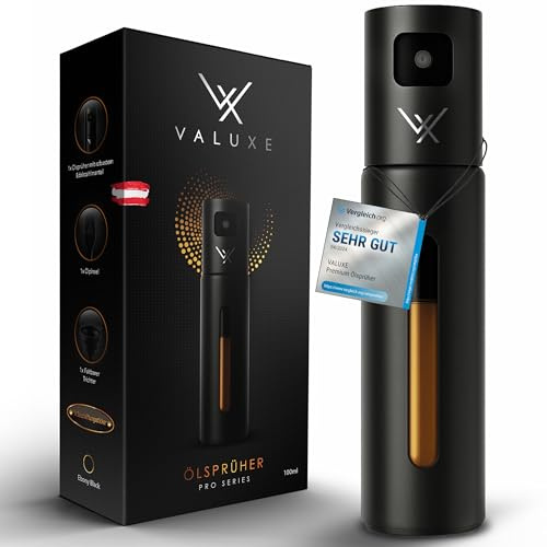 VALUXE® Ölsprüher für Speiseöl & Essig mit UV-Edelstahlmantel & Sprühfilter | Edelstahl Öl-Sprühflasche präzise & bruchsicher mit Füllstandsanzeige - Olivenöl Sprüher, Öl-Zerstäuber, Oil-Sprayer schwarz