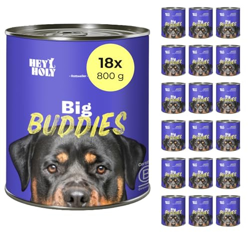 HEY HOLY Premium Nassfutter für Molosser 100% getreidefrei | 18x 800g Hundefutter für ausgewachsene Molosser mit Rind | Hochverträglich aus natürlichen Zutaten