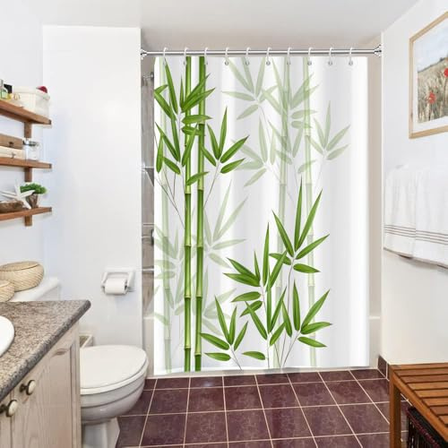 Uiiooazy Duschvorhang 150x180cm Anti Schimmel Bambus Grün Blätter Gemustert | Duschvorhang Spa Zen Abstrakt Wald Motivo Wasserdicht Stoff Polyester Waschbar Bad Vorhang mit 10 Haken für Badezimmer