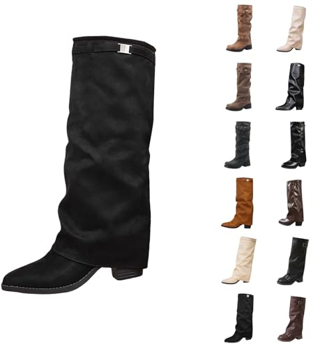 Generico stivaletti camoscio donna Stivali Donna con Tacco Invernali Autunnali Texani Cowboy Stivaletti Alti Stivali al Ginocchio Punta Stivaletto Gamba Larga in Pelle scarpe cuissardes nero 35