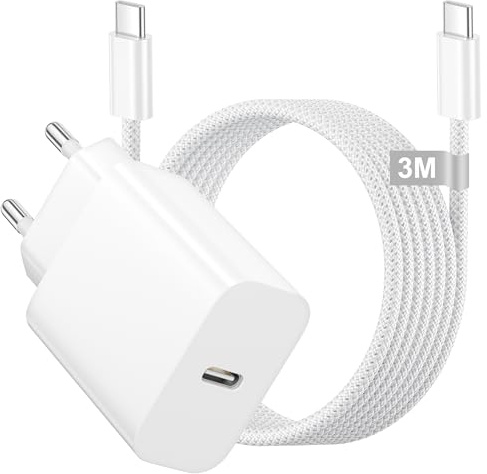 20W Chargeur USB C Rapide pour iPhone 17 16 15/17 16 15Pro/17 16 15 Pro Max | Prise USB C Charge Rapide Chargeur USBC avec Cable Usb C 3M pour 17Air 16E 15 Plus,iPad Pro/Mini/Air,Adaptateur Secteur Usb C