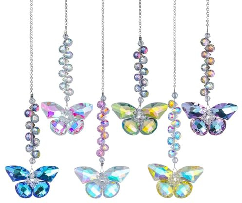 FUANA Handgefertigte Diamant-Schmetterling-Sonnenfänger, 6 Stück, bunte Glas-Gartendekoration mit Edelstahlkette für Fenster, Terrasse, Outdoor-Hängedekoration