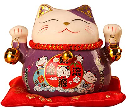 Tomotato Glückskatzen Spardose, 11,4 cm Keramik Winkekatze, Lila | Japanischer Niedlicher Feng Shui Glückskatzen Münzbank für Auto Schreibtisch Dekoration