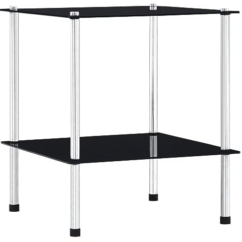 Yisssmeng Glasregal Schwarz 40x40x47 cm Hartglas mit 2 Ablagen Modernes Bücherregal für Wohnzimmer Büro und Bad Schmales Design mit Edelstahlrahmen