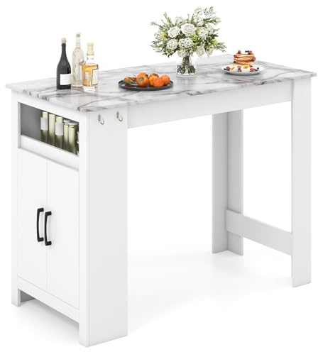 TANGZON Bar Table, Dining Table with Storage Cabinet, Adjustable Shelf & Open Compartment, Rectangular Counter Height Pub Tables for Kitchen Dining Living Room (with 7 Hooks, White, 100 x 59cm)