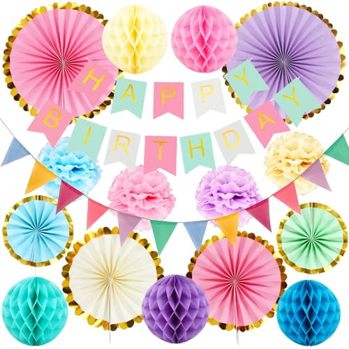 Decorazione Compleanno Riutilizzabile In Tonalità Pastello Per Bambine, Ghirlanda Happy Birthday, Bandierine, Pompon E Sfere A Nido D’ape