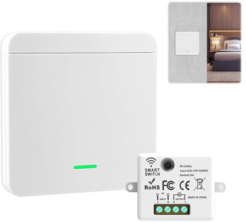 Funkschalter 230V Funk Lichtschalter Set 1 Funkschalter mit 1 Empfänge | 433Mhz 10A Fernbedienung Reichweite für Lampen bis 1500W, Keine Verkabelung, Erforderlich Geeignet für 200-2000W