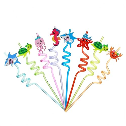 8 Paille Monde Marin Paille Reutilisable Spirale Colorée avec | Cadeau Invité Fête et Accessoire Cocktail Jus Fruits, Océan, Décoration Anniversaire, 8 Pièces, Rigide pour, Décoration