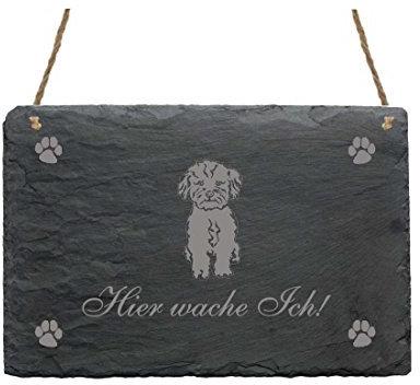 Schiefertafel « Hier wache ich - BOLONKA ZWETNA » Schild mit Hunde Motiv - Türschild für Haus Garten Terrasse Haustür Tür Tor - Dekoschild Dekoration