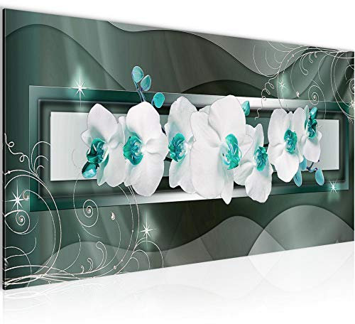 Runa Art Wandbild Blumen Orchidee 1 Teilig 100 x 40 cm Modern Bild auf Vlies Leinwand Abstrakt Wohnzimmer Grau Grün 206412c