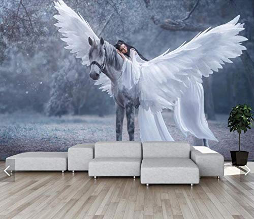 papier peint panoramique 3d tapisserie photo murales papier peint intissé poster geant décor mural moderne Trompe Loeil 350x245cm Ange forêt fille cheval