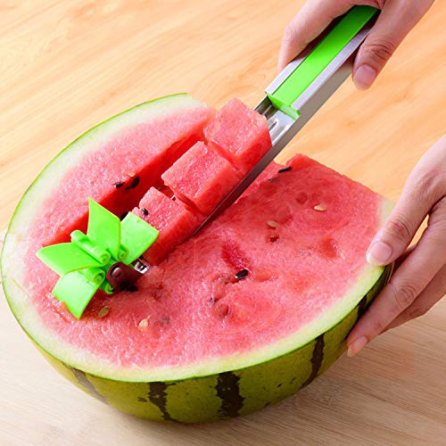 Watermelon Slicer Cutter Windmill Auto Stainless Steel Melon Cuber Knife Corer Fruit Vegetable Tools Kitchen Gadgets (Green)