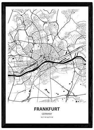 Nacnic Poster mit Karte von Frankfurt am Main - Deutschland. Blätter von Städte in Deutschland mit Meeren und Flüssen in schwarz und weiß. A3