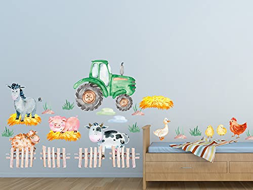 GRAZDesign Wandtattoo Traktor Kinderzimmer Junge, Trecker grün Tiere Kuh Schwein Schaf Bauernhof Stroh Wandsticker Babyzimmer 100x57cm