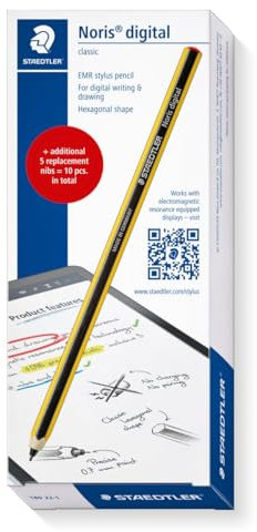 STAEDTLER Noris Digital Classic 180 22 - Juego de lápiz Capacitivo para Escribir y Dibujar en Pantallas táctiles EMR (4096 Niveles de presión, Punta Fina) + 5 Puntas de Repuesto adicionales 180 22-1X