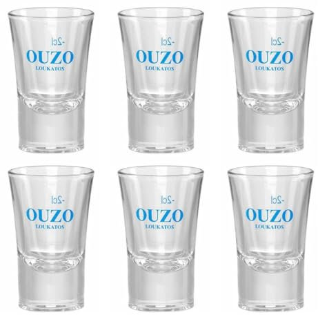 Jassas Griechische Feinkost Loukatos 6x Ouzo Glas mit 2cl Füllstrich