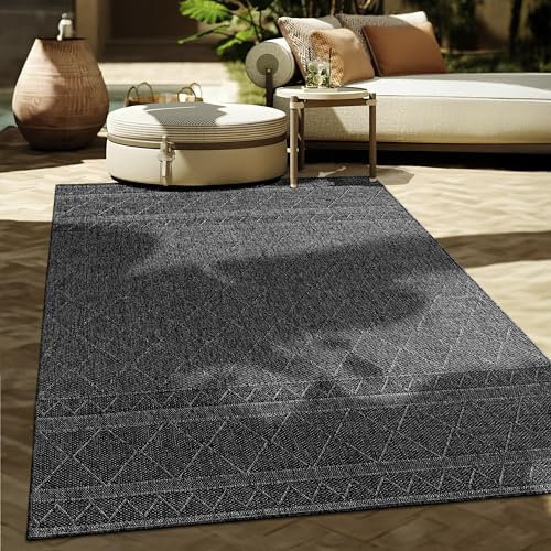 Paco Home Outdoor Teppich Flachgewebe Modern Boho-Style wetterfest & UV-beständig Ideal für Terrasse Balkon Wohnzimmer & Küche, Grösse:160 cm Rund, Farbe:Anthrazit 2