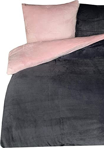 one-home 4 teilig Winter Bettwäsche 155x220cm Teddy Plüsch Uni rosa warm Fleece Übergröße
