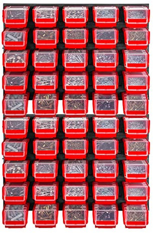 KADAX Étagère murale d'atelier, 58 x 78 cm, système de stockage en plastique robuste, résistant aux UV, plaques murales extensibles, étagère secrète pour garage (rouge, 50 pièces), K7717