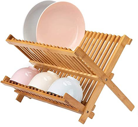 THINFAR Abtropfgestell für Geschirr, Abtropfgestell aus Bambus, Abtropfgestell für Geschirr, Geschirrspüler, Abtropfgestell aus Bambus, faltbar, für Küche, Aufbewahrung und Trockner, 42 x 26 x 35 cm,