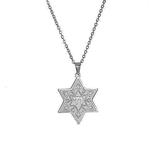 VASSAGO Jüdische Hebräisch Chai Anhänger Halskette für Frauen Männer Chai Symbol Edelstahl Jüdische Chai Arabische Kette Amulett Religion Schmuck Geschenke (Silber stern von david halskette)