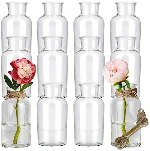 12x runde Mini Glasvasen 10cm inkl. Juteschnur Tischvasen Tischdekoration Väschen Set Deko Hochzeit Tisch Glasflasche Blumenvase