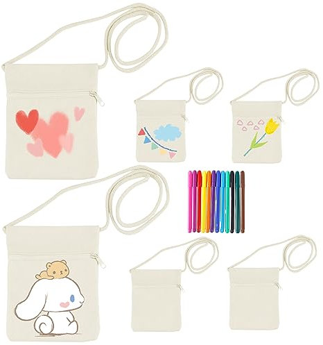BouGPeng 6 Stück Stoffbeutel Zum Bemalen für Kinder Set Umhängegeldbeutel Kindergeburtstag DIY Graffiti Schultertasche Beige Stoff Geldbeutel Zum Bemalen Brustbeutel mit Reißverschluss für Mädchen