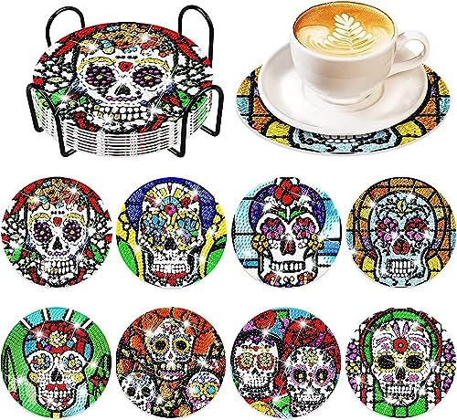 WOWDECOR Lot de 8 dessous de verre à faire soi-même avec support, squelette d'Halloween 5D pour peinture diamant en cristal pour voiture, tasses, boissons, bar à la maison