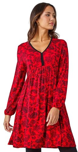 Roman Stretch Jersey Dress for Women UK - Ladies Gathered Waist A Line Swing Skater Fit & Flare A Line Winter Autumn Knee Length V-Neck Casual Smart Cocktail Party Going Out - Red - Size 20