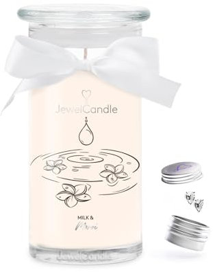 JuwelKerze Milk & Monoi Ohrringe Silber - große Schmuckkerze 80 Std - Duftkerze mit blumigem Duft - Kerze mit Schmuck - Geschenke für Frauen, Geburtstag