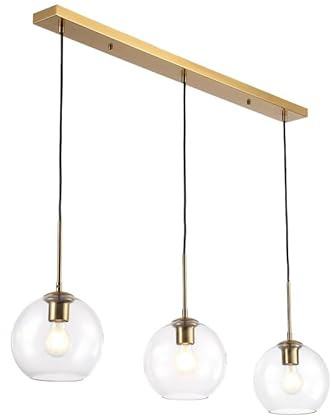 BARCELONA LED Lámpara colgante techo Doradotriple 3 luces E27, diseño moderno vintage industrial, esferas de vidrio transparente, altura regulable, para comedor, salón, cocina isla y dormitorio