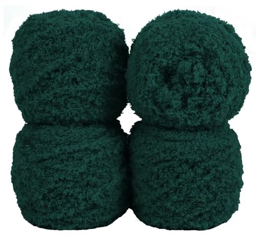 Uiopa Flauschige Wolle Garn Dunkelgrün, 400g(4 x 100g, 4 x 80m) Plüschwolle zum Stricken 3 Stränge Fransengarn, Handstrickgarn Weiche Häkelwolle zum Decken Schals Mützen DIY-Projekte