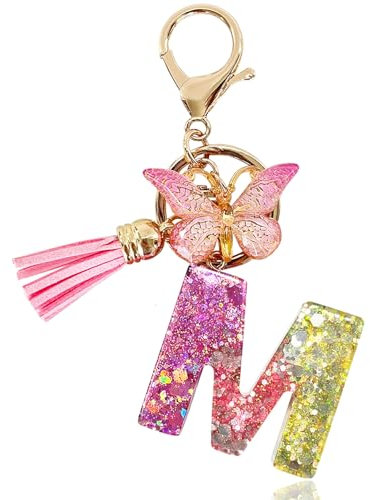 Yanmucy Buchstaben Schlüsselanhänger Mädchen Ringe Lila Niedlich Schlüsselanhänger Glitzer mit Schmetterling Quasten Harz Keychain Aesthetic für Tasche Charme Frauen Mädchen Tasche Dec (M)